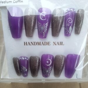 Handmade Purple & Glitter Brown Press-On Coffin Nails -